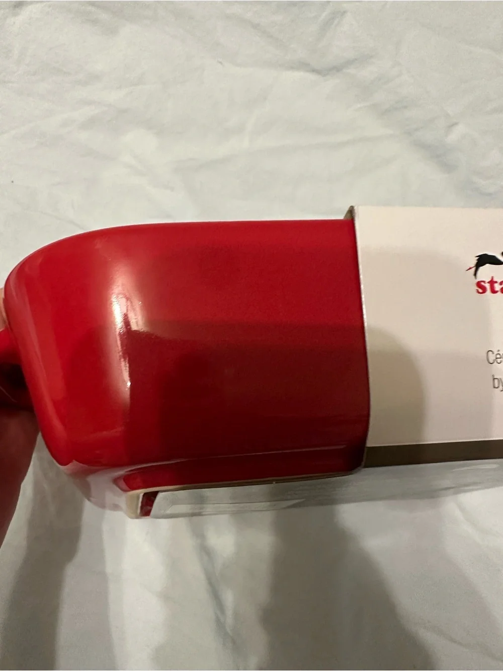 Staub Cream Ceramic Roaster with Red Handles
